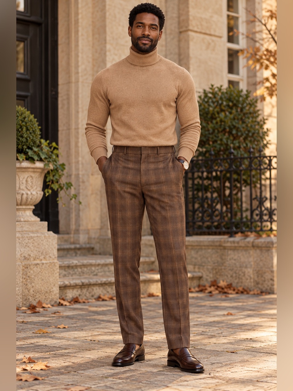 Haggar Men's Tan Turtleneck with Brown Plaid Dress Pants